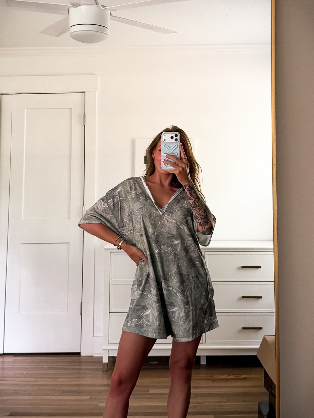 Very J CAMO Printed Short Sleeve V-Neck (reversible) Romper